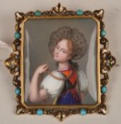 A 19th Century painted porcelain, turquoise and enamel brooch, the partrait of a female with long