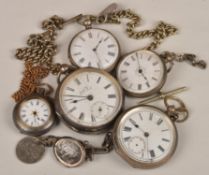 Five silver pocket watches and Albert chains, one by Kays with a Lever movement, in various states