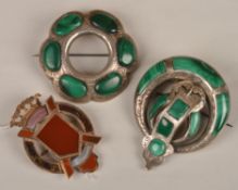 Three Victorian Scottish hardstone brooches, one of lobed circular form with six kidney shaped