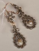 A pair of diamond and pearl pendant earrings, the cluster tops set with rose cut diamonds with