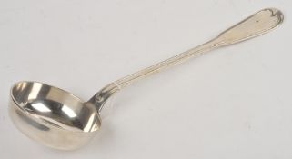 A Belgian silver fiddle and thread pattern soup ladle by Wolfers Freres, .800 standard, 35cm long,