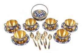 A Soviet Russian silver coloured gilt and enamel coffee service, post 1958 .916 standard, circa