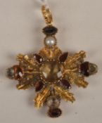 A 19th century stylized cross pendant, with engraved oak leaves and multi-coloured stone acorns and