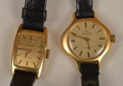 Two Omega De Ville, Lady`s wristwatches, one ref 511270, with rectangular gold coloured dial, baton