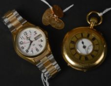 An 18 carat gold half hunter keylea pocket watch, lever escapement with enamel dial, the outer case