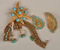 A collection of turquoise jewellery, including: a stylised foliate and filigree brooch; a stylised