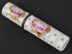 A south Staffordshire enamel cylindrical bodkin case, late 18th century, painted with river scenes,