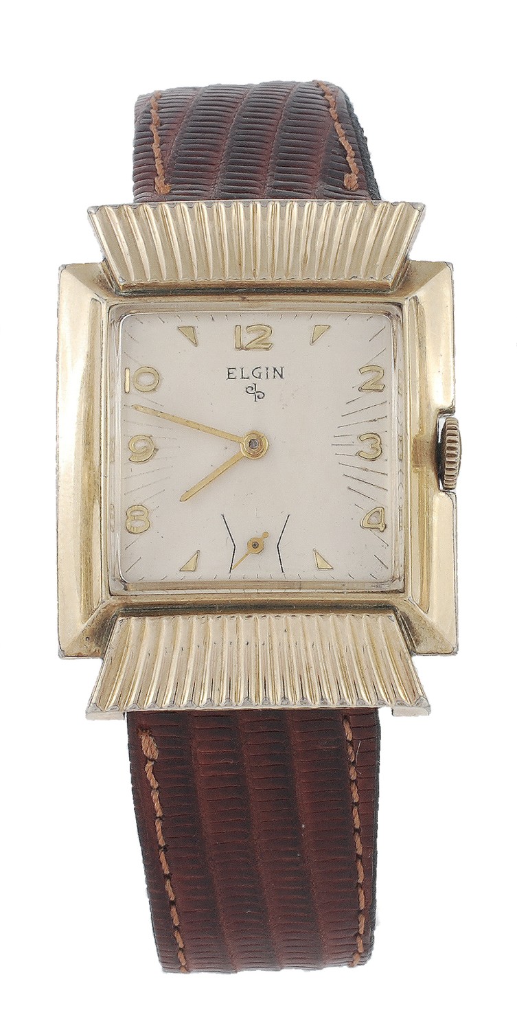 Elgin, a gold filled and stainless steel wristwatch, ref. 6528, no. U947804, the square case with