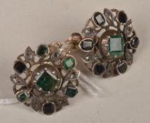 A pair of 18th century emerald and diamond earrings, the central emaerald with an emerald and