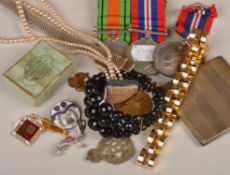 A quantity of items, to include: World War II medals; a silver compact by John Rose, Birmingham