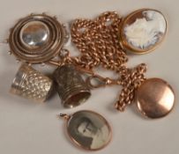 A 9 carat gold Albert watch chain and locket, weight 38g, a silver thimble, a cameo brooch, the