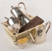 A small quantity of electro-plated items, to include: a three piece coffee service; two tapering