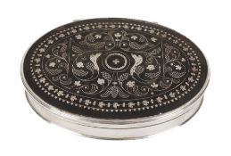 A silver and tortoiseshell pique oval box, unmarked, early 18th century, the hinged cover inlaid