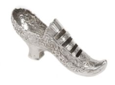 A Continental silver model of a lady`s shoe, import marked for London 1900 by Edwin Thompson