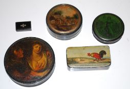 A collection of boxes, to include: a circular tortoiseshell box, the cover with a painted