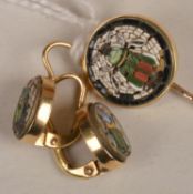 A micro mosaic scarab pin and matching earrings, the earrings with oval shaped panel and fish hook