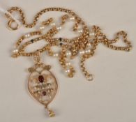 An Edwardian garnet and half pearl pendant, of openwork foliate design (one stone missing),