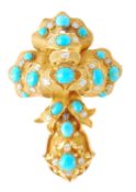 A mid Victorian gold, turquoise and diamond brooch, circa 1860, the tied bow top set with turquoise