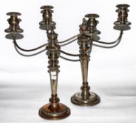 A pair of electro-plated two branch candleabra, with bud finials, tapering stems and on circular