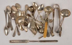 A quantity of silver flatware, to include: a George III silver marrow scoop by Solomon Hougham,