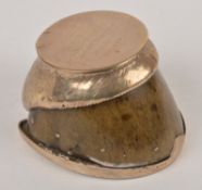 A Victorian silver mounted horse hoof inkwell, maker`s mark obscured, London 1882, the cover