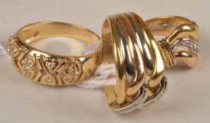Three diamond set dress rings, one a diamond set, open work ring, size P1/2 , the others both with