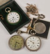 Three silver pocket watches; one by Kay Worcester; one a Sackville railway lever; one in a fitted