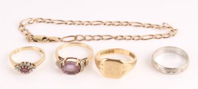 * A 9 carat white gold patterned wedding ring; a 9 carat gold signet ring; an amethyst and diamond