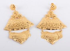 * A pair of Indian drop earrings, tagged `SE 21`, designed as two panels suspended below a cluster