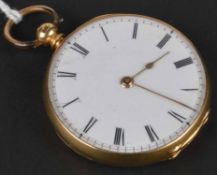 A continental keywound openface lady`s fob watch, the cylinder movement with enamel dial and roman