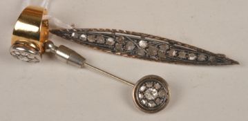 A rose cut diamond cluster ring, brooch and stick pin, the ring with a diamond cluster head over a