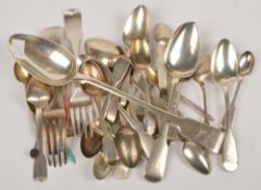 A collection of silver flatware, including five Irish provincial fiddle pattern tea spoons by
