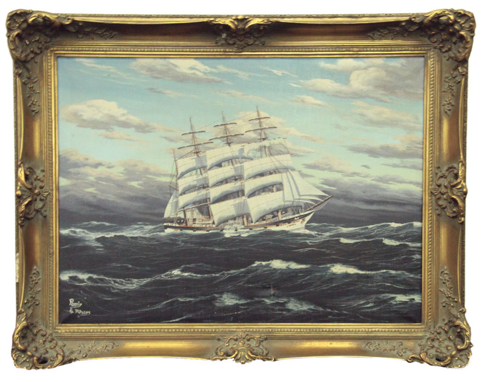S Didszus (20th C.) `Pamir at Sea` Oil on canvas Signed (lower right) 60 x 8cm.
