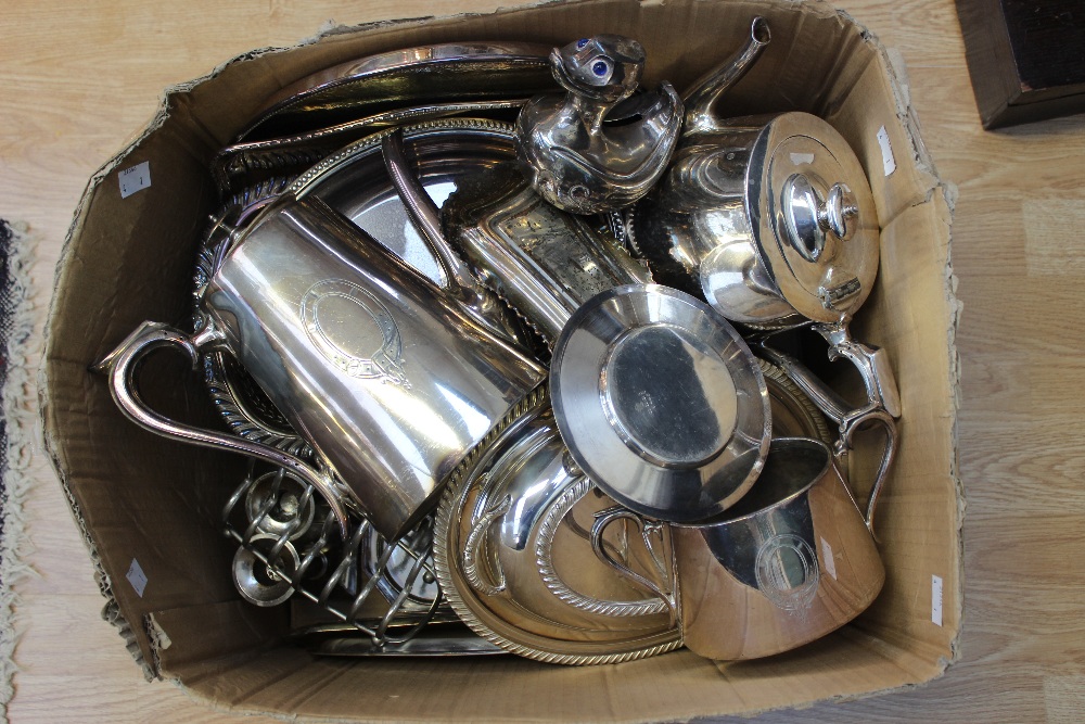 A good box of EPNS including tea wares, serving dishes, trays, etc