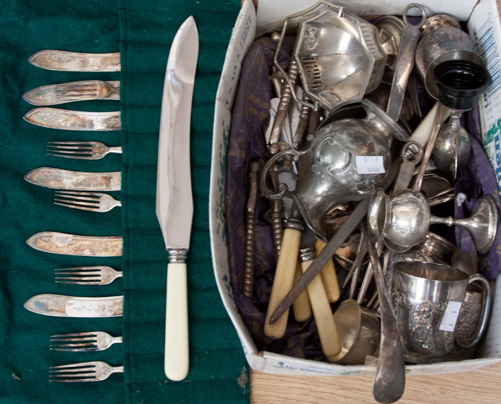 A good box of EPNS flatware, mugs, etc