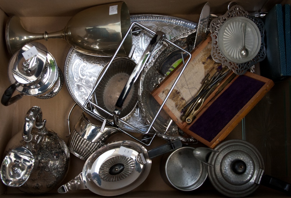 A quantity of Victorian and later plated ware including coffee pot, tea pot, spoons, chalice,