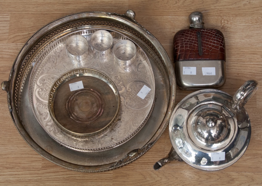 A Collection of Silver Plate, comprising tea pot, napkin rings, stand, small tray, hip flask and