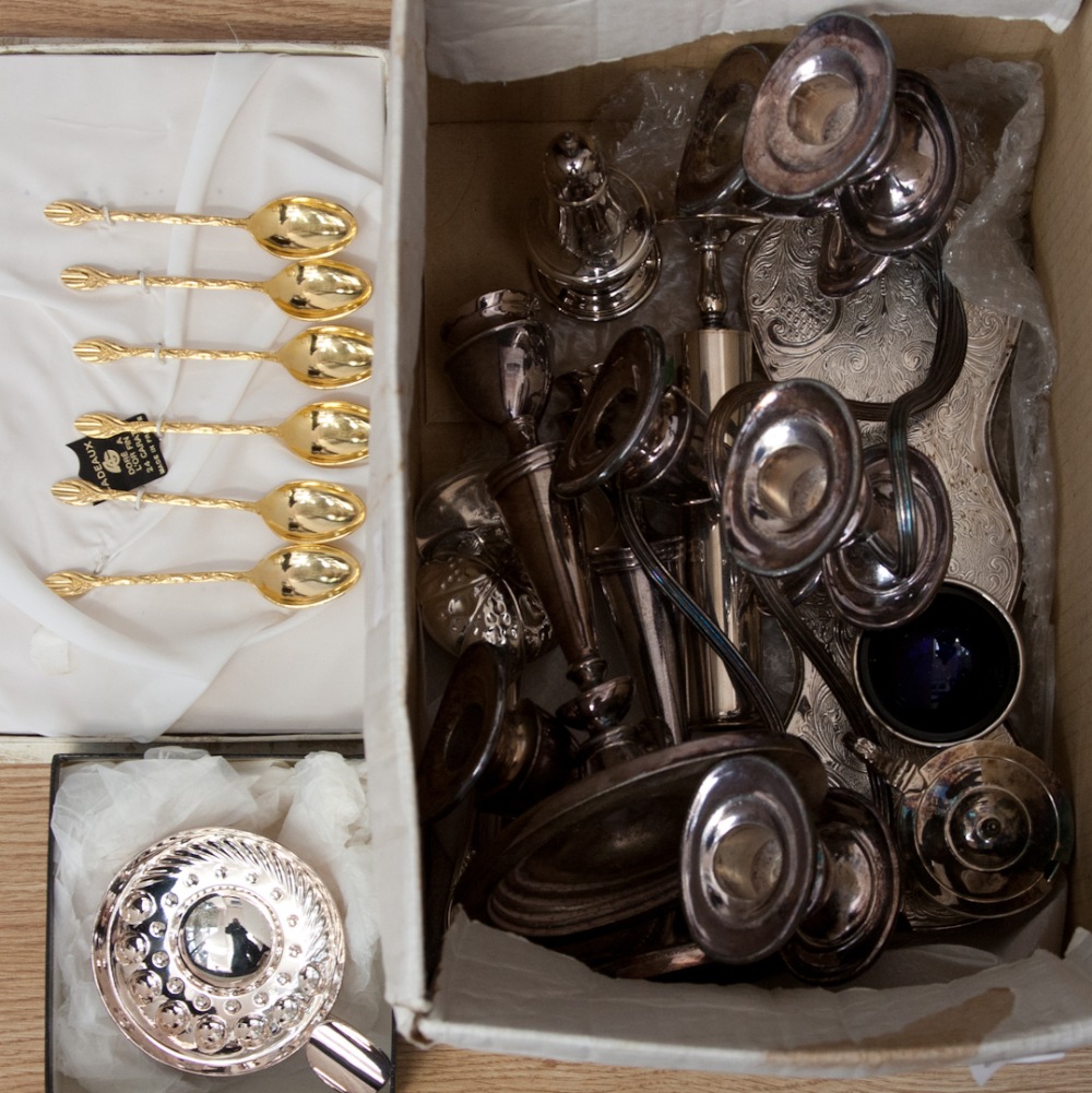 A Box of Silver Plated Items, including a pair of two branch candelabra, part cruet set, berry