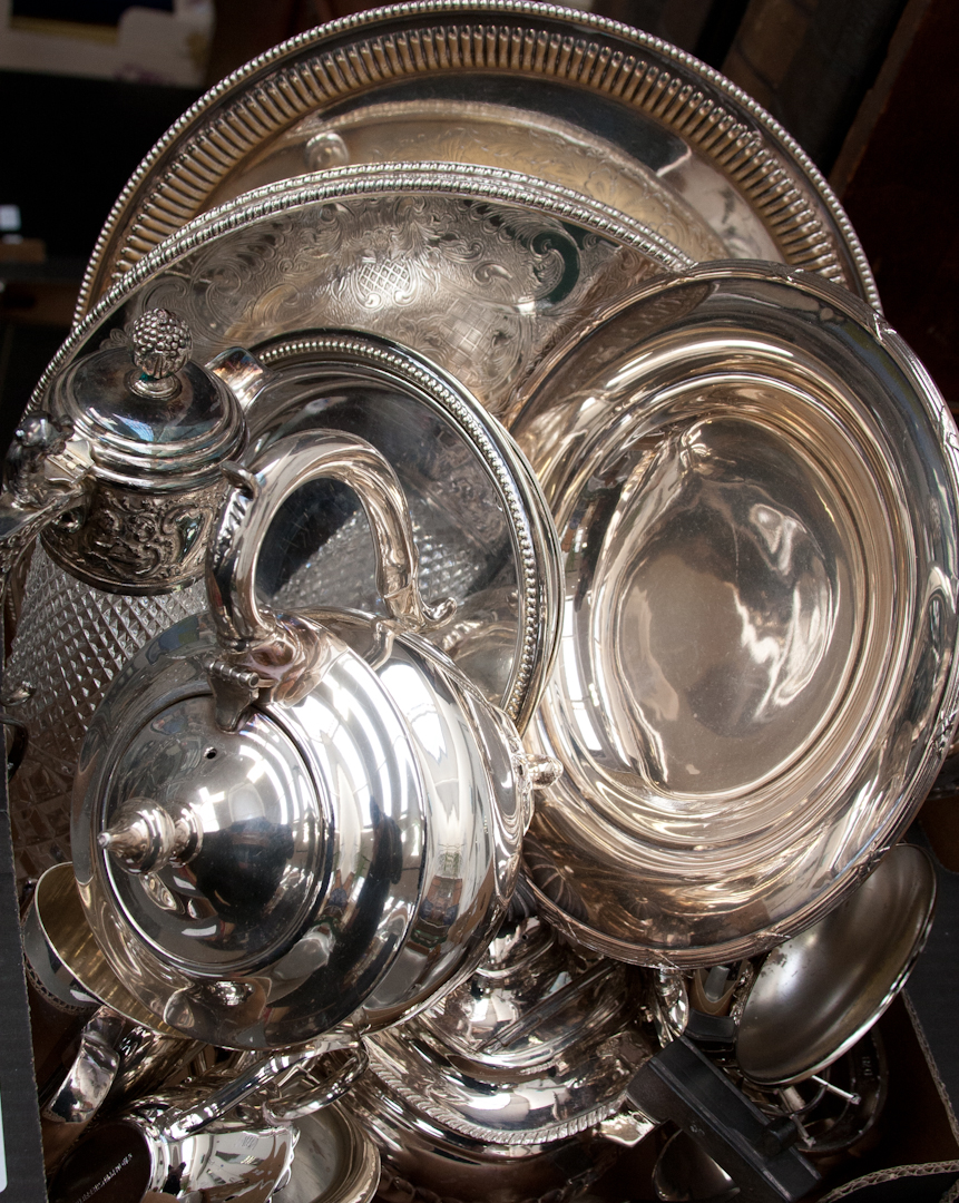 A quantity of plated wares including claret jug, teapot, trays, etc