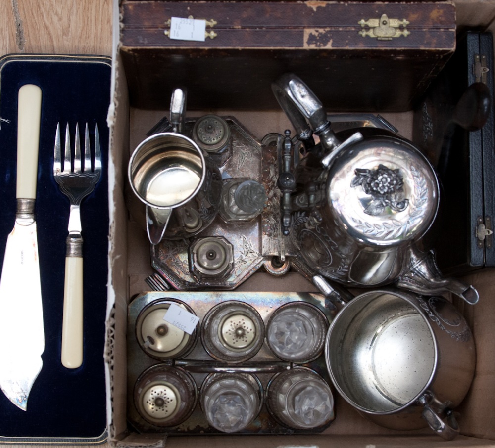 Two EPNS cruet sets, with assorted cased EPNS flatware and an E.P part tea set (one box)