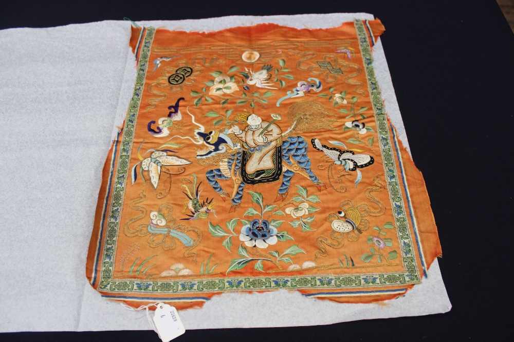 A Chinese fusall tangerine silk, embroidered square