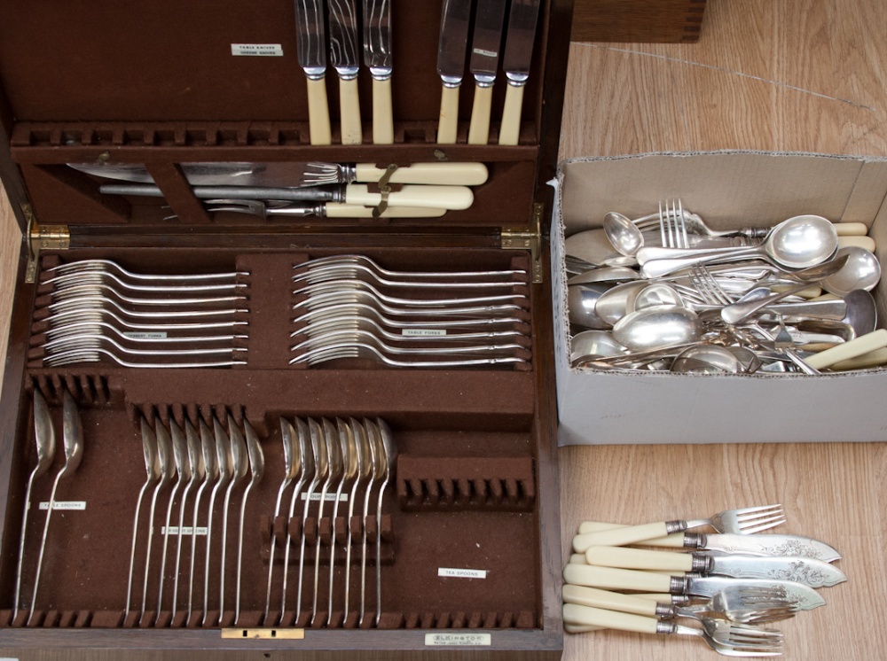 A box of EPNS, including servers and covers, tray, chocolate pots, boxed flatware, etc