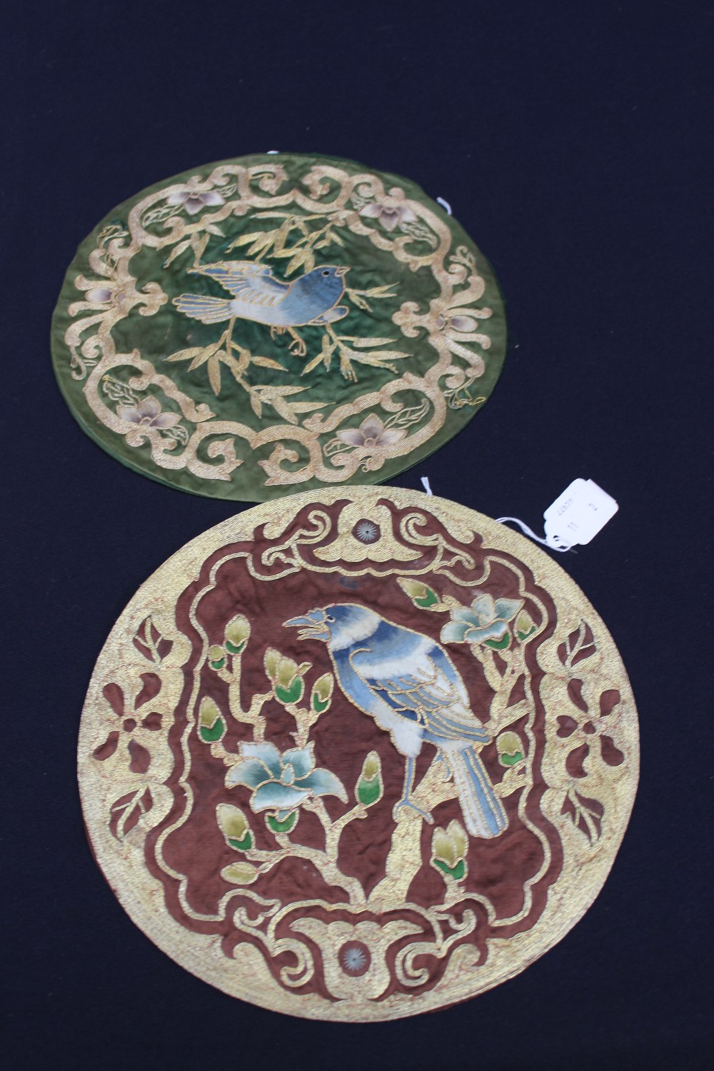 Two circular rondalls, richly embroidered with Chinese birds, Victorian/Edwardian