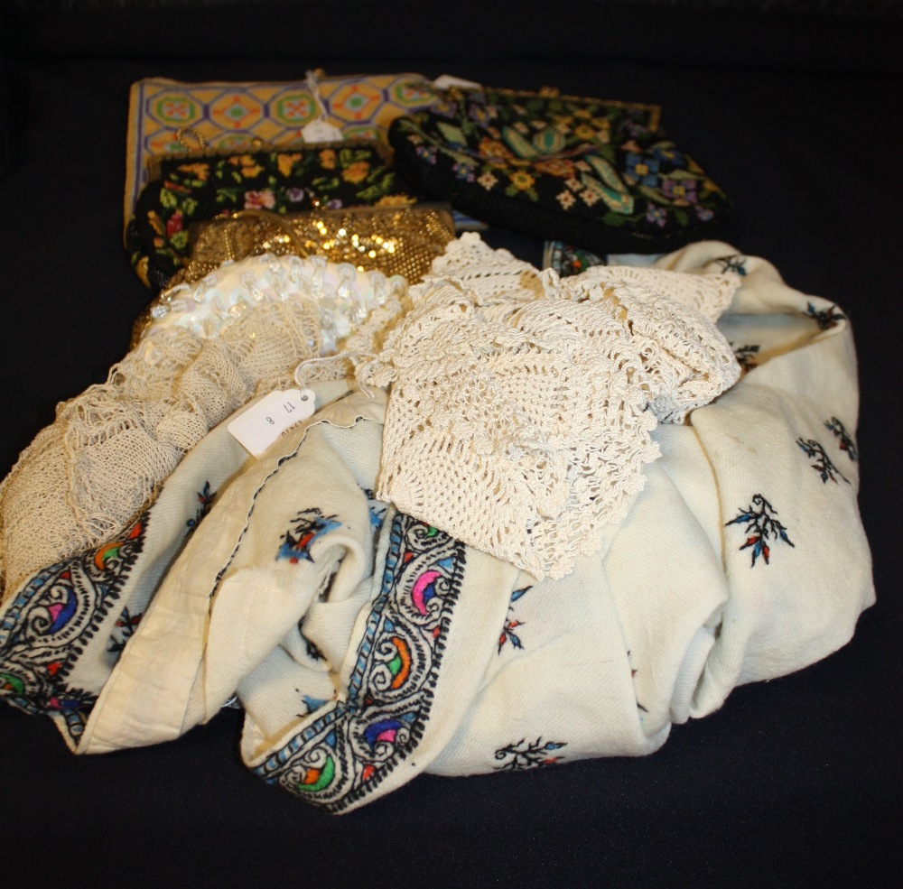 A Collection of Various Evening Bags, comprising three woolwork bags, probably early to mid 20th