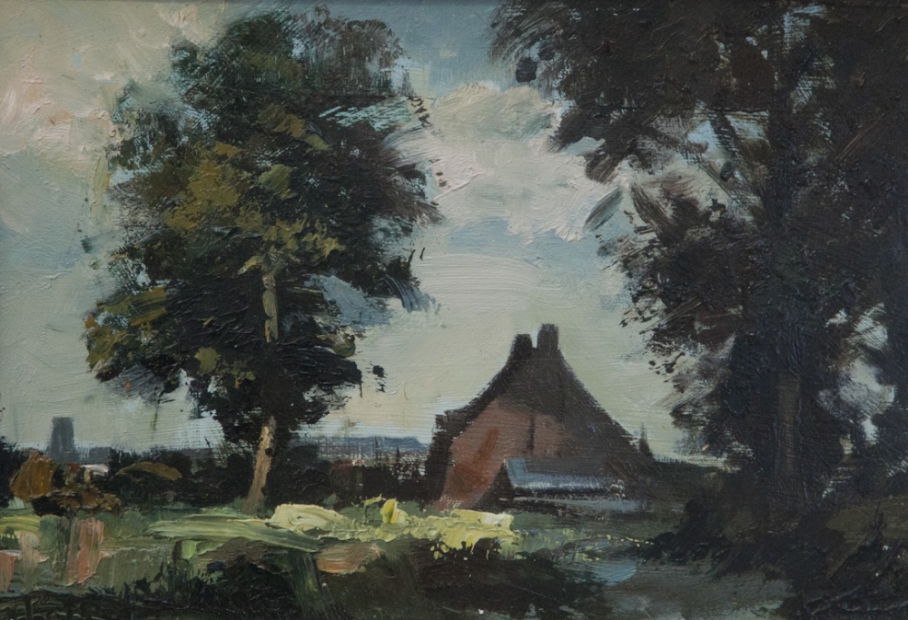 Roy Petley (b.1951), Cottage in Landscape, oil on board, 23.5cm by 33.5cm approx, in gilt frame