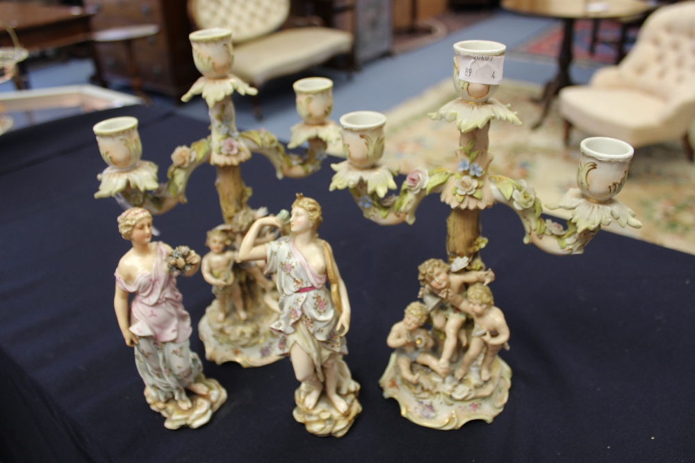 A pair of Continental two-branch candelabra's; and  pair of Continental figures of maidens (4)