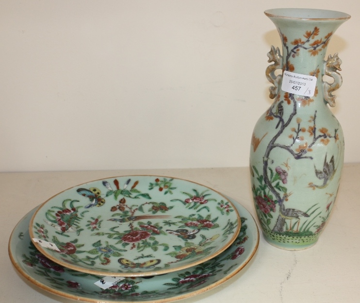 Two Canton plates, and a vase
