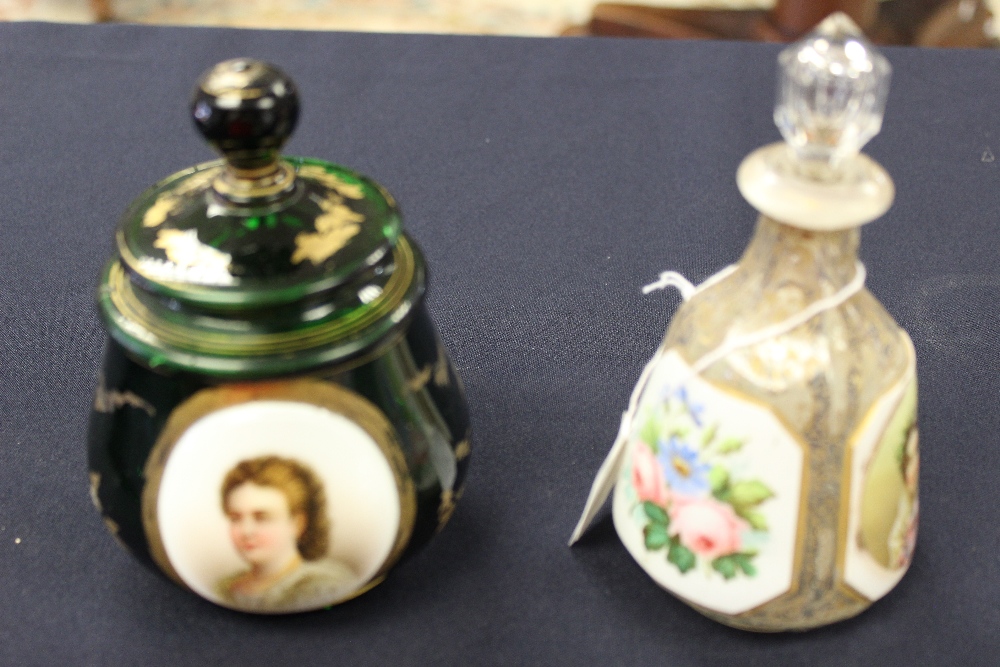 A 19th century Bohemian glass scent bottle and stopper, three painted panels with portrait and