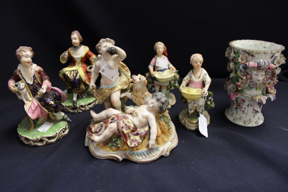 A pair of Bloor Derby figures (af); a Meissen style vase; three other Continental figures (6)