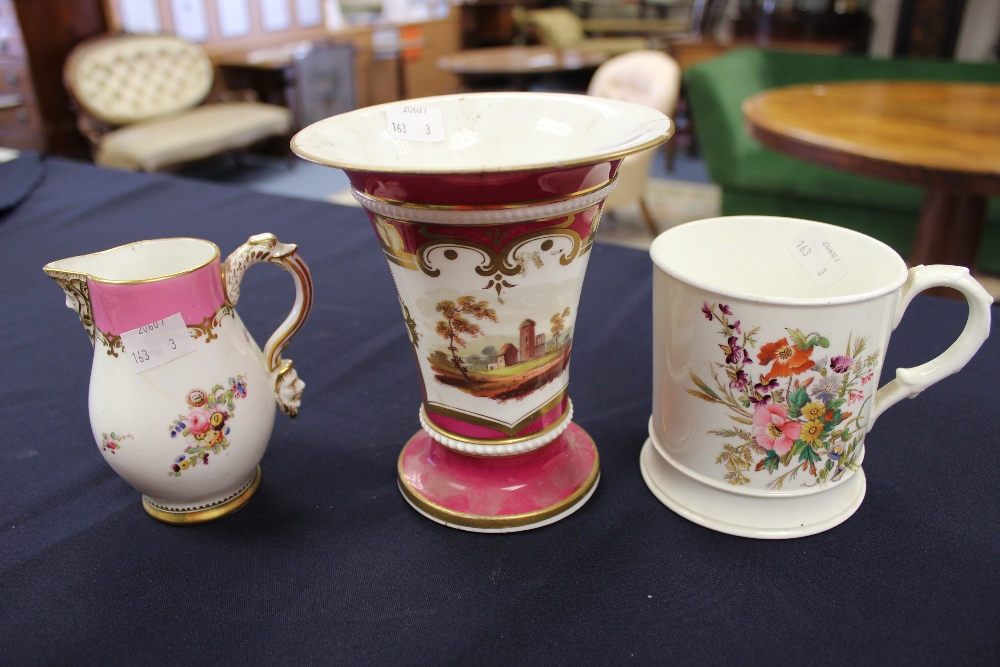 A Spode style vase, painting with a landscape on puce ground, gilt lined (af); a 19th century jug,